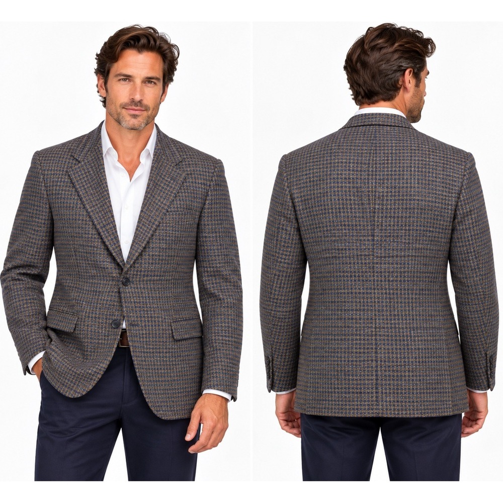 Joseph Abboud Heritage Soft Jacket 46S Navy Brown Houndstooth Wool /Linen Blazer